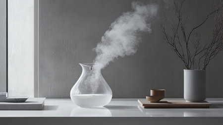 A serene glass vessel releasing steam sits elegantly on a minimalist table. This modern decor piece enhances tranquility and calmness in any setting.の素材