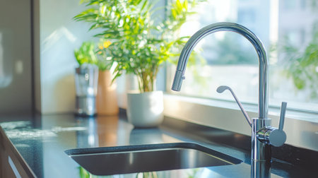 A sleek kitchen sink featuring a modern faucet with plants basking in natural light beside it. Perfect for showcasing contemporary home design.の素材
