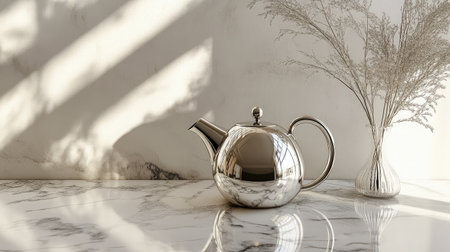 A sleek silver teapot rests gracefully on a marble countertop, complemented by a delicate flower vase. The interplay of light and shadows enhances the serene atmosphere, making it a perfect home decor image.の素材