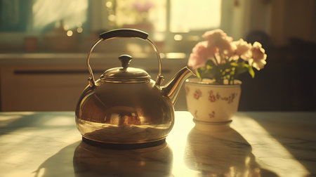 A vintage teapot sits gracefully on a kitchen counter, illuminated by warm morning light. Soft flowers in a pot nearby enhance the serene atmosphere, perfect for tea lovers.の素材