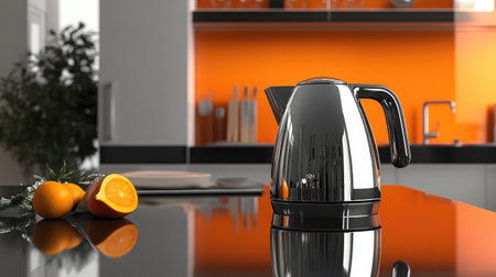 A shiny chrome kettle sits on a sleek kitchen countertop, surrounded by bright orange accents and fresh fruit, embodying modern kitchen design and style.の素材