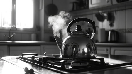 A silver kettle boils on a gas stove, releasing steam in a serene kitchen setting. The black and white tones enhance the simplicity and elegance of the moment.の素材