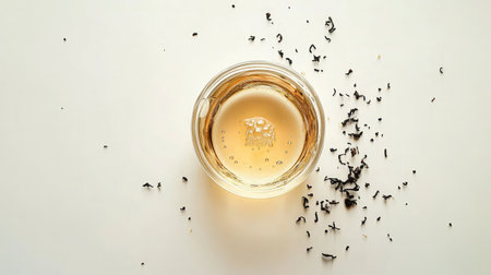 This image captures a clear glass cup filled with tea, surrounded by loose tea leaves, evoking a sense of warmth and relaxation in a modern setting.の素材