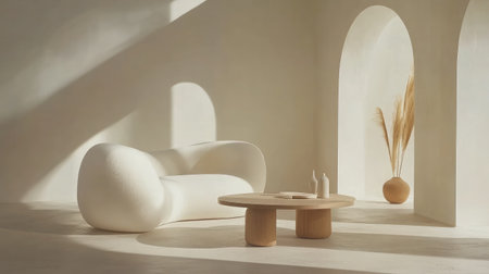 A modern minimalist living room featuring a soft lounge chair, a round table, and natural decor elements, creating a serene and inviting atmosphere.の素材
