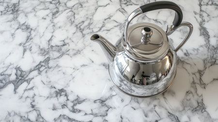 A sleek metallic kettle sits elegantly on a pristine marble countertop, reflecting its surroundings. Perfect for kitchen decor or culinary themes.の素材