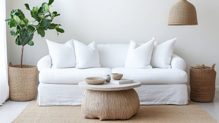 A cozy minimalist living room featuring a white sofa, soft cushions, and a natural decor style. Perfect for home relaxation and modern aesthetics.の素材