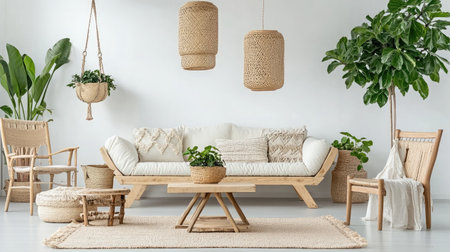 This cozy minimalist living room features natural decor with a wooden couch, plush cushions, and lush greenery, creating a calming and inviting ambiance.の素材