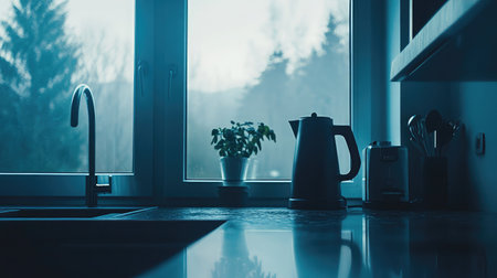 A serene kitchen scene featuring a kettle, a small plant, and a beautiful window view. Ideal for showcasing tranquility and modern design in indoor spaces.の素材