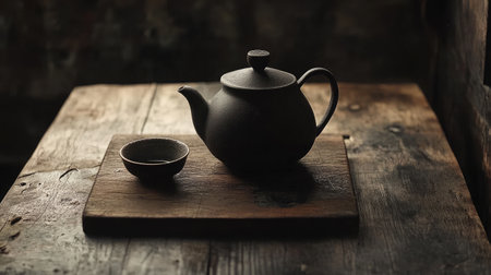 A rustic teapot and cup sit elegantly on a wooden table, creating a tranquil atmosphere. The minimal design highlights craftsmanship and natural materials, perfect for cozy tea moments.の素材