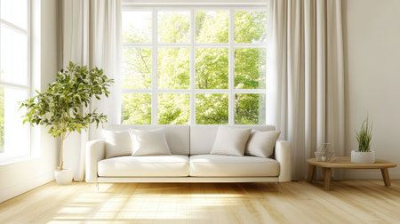A bright and inviting living room featuring a white sofa, natural light pouring through large windows, and stylish decor for a refreshing ambiance.の素材
