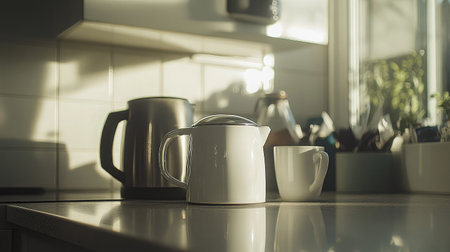 A serene kitchen scene featuring a white teapot and mug bathed in warm morning light, highlighting simplicity and comfort in everyday moments.の素材