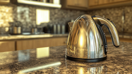 A sleek stainless steel kettle rests on a polished countertop, reflecting the warm tones of a modern kitchen. Perfect for tea or coffee preparation.の素材
