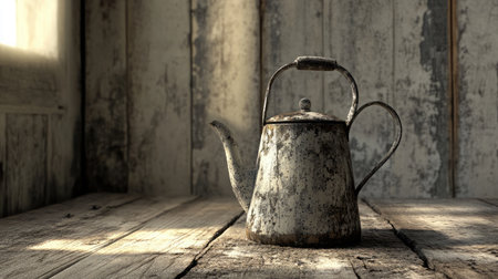 A rustic vintage kettle sits on a wooden table, showcasing its weathered charm. Sunlight streams in, creating an atmospheric and tranquil setting.の素材