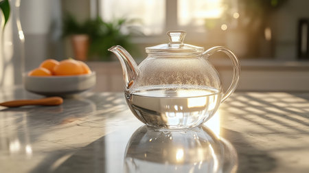 A glass teapot filled with hot water sits on a kitchen counter, steam rising under soft sunlight. Fresh fruit adds warmth and elegance to the serene space.の素材
