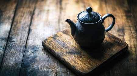 A serene still life of an elegant teapot placed on a wooden board, illuminated by soft light, creating a tranquil atmosphere perfect for tea lovers.の素材