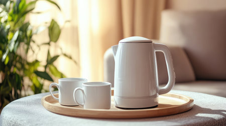 A sleek modern kettle with two white cups set on a wooden tray, beautifully arranged in a cozy living space, inviting relaxation and comfort.の素材