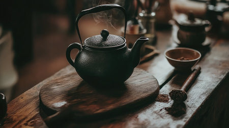 A beautifully crafted teapot releasing steam sits on a wooden surface, evoking a sense of warmth and comfort in a cozy kitchen environment.の素材
