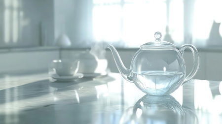 This elegant glass teapot rests on a marble countertop, illuminated by soft morning light, creating a serene and minimalist kitchen atmosphere.の素材
