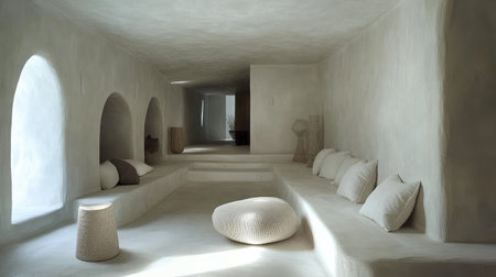 Experience a serene minimalist interior showcasing soft textures and simple forms. This peaceful space invites relaxation and reflects modern design principles.の素材