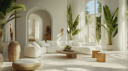 A bright and airy living room designed with modern elements, featuring a spacious layout, comfortable seating, and lush greenery, creating a serene and inviting atmosphere.の素材