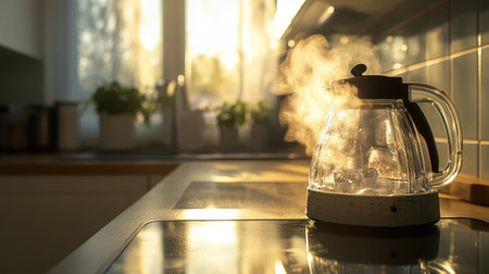 A glass kettle emits steam in a sunlit kitchen, creating a warm and inviting atmosphere. Perfect for showcasing home cooking or morning routines.の素材