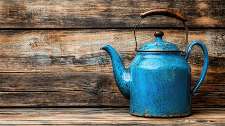 A charming blue kettle sits on a textured wooden surface, evoking rustic decor and a sense of nostalgia. Perfect for kitchen-themed designs or vintage collections.の素材