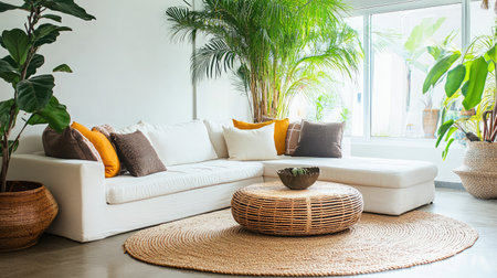 Bright and inviting living room featuring a stylish white sofa, decorative cushions, and lush green plants, creating a cozy and modern atmosphere.の素材