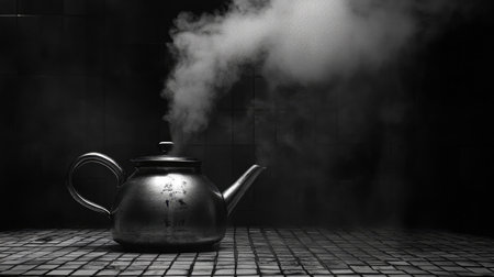 This monochrome image captures a vintage kettle releasing steam, creating a tranquil ambiance. The contrasting elements evoke feelings of warmth and nostalgia in any kitchen setting.の素材