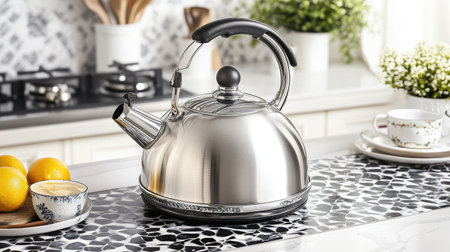A stylish silver kettle on a modern kitchen countertop, perfect for boiling water. Featuring an elegant design, it enhances any kitchen decor while offering functionality for tea lovers.の素材