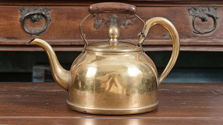 Discover a charming antique brass teapot resting on a wooden table. This vintage piece highlights rustic elegance, perfect for home decor enthusiasts.の素材