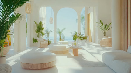 This bright modern interior features a stunning ocean view, lush greenery, and stylish furniture, creating a serene and inviting atmosphere perfect for relaxation.の素材