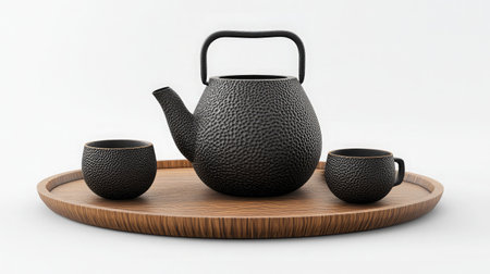 A beautifully crafted black teapot with matching cups on a wooden tray, showcasing elegant design and textureの素材