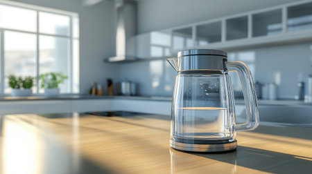 A clear glass water pitcher sits elegantly on a wooden kitchen counter, capturing natural light and showcasing modern design, perfect for home settings.の素材