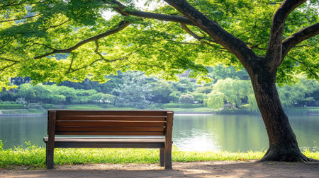 A tranquil park scene featuring a wooden bench under a lush tree, overlooking calm water. Perfect for relaxation and escape into nature.の素材