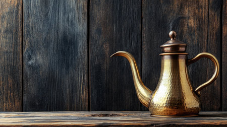 A vintage brass teapot sits elegantly on a rustic wooden surface, showcasing its beauty and craftsmanship. Perfect for home decor and kitchen styling.の素材