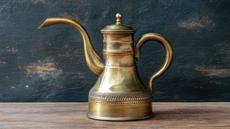 A vintage brass kettle displayed on a rustic wooden surface. This elegant piece showcases traditional craftsmanship and adds a warm touch to any kitchen decor.の素材