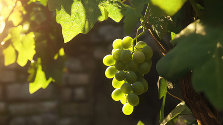 A close-up shot of fresh green grapes hanging from the vine, illuminated by soft sunlight, surrounded by rich green leaves, symbolizing nature's bounty.の素材