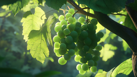 Lush green grapes hang from a vine, illuminated by gentle sunlight. The close-up showcases the freshness and vibrancy of nature's bounty in a serene setting.の素材