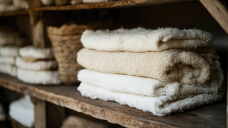 Soft, stacked towels on wooden shelves create a warm and inviting atmosphere. Ideal for home decor, spa settings, or hygiene themes, this image captures the essence of comfort and simplicity.の素材