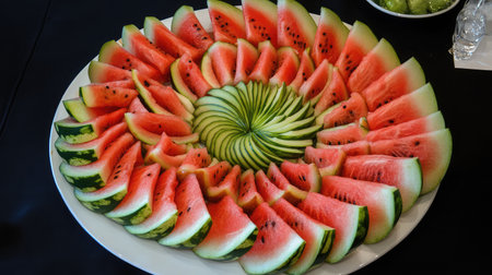 A stunning display of freshly sliced watermelon, perfect for summer events and gatherings. Bright colors and artistic presentation inspire enjoyment and refreshment.の素材