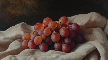 A beautiful still life featuring a bunch of fresh red grapes arranged on a soft beige fabric. This image captures the natural beauty and vibrant colors of fresh fruit.の素材