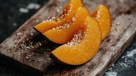 Close up of vibrant orange fruit slices arranged on a rustic wooden board, showcasing their natural seeds and texture. Perfect for healthy recipes.の素材