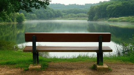 A serene wooden bench overlooks a tranquil lake, surrounded by lush greenery and trees. This peaceful setting invites relaxation and contemplation in nature's embrace.の素材