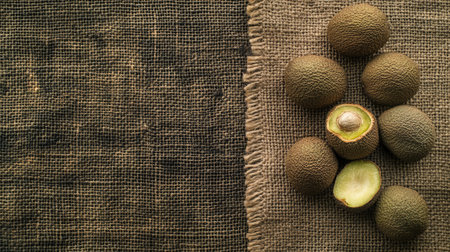 A pleasing arrangement of fresh fruits on a burlap background, showcasing their unique textures and colors. Ideal for food-related themes.の素材