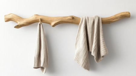 A beautiful natural wood hook supports soft towels, enhancing a minimalist decor style. The earthy tones and textures create a cozy ambiance.の素材