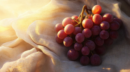 A beautiful arrangement of fresh purple grapes resting on soft fabric, illuminated by warm sunlight, perfect for food styling, seasonal decor, and still life photography.の素材