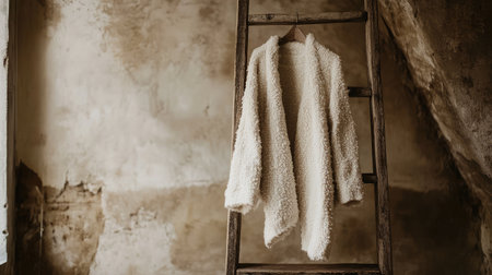 A soft, white sweater casually draped over a rustic wooden ladder, set against a textured wall, perfect for minimalist and cozy home decor themes.の素材