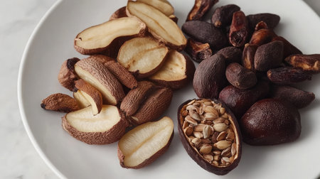 A closeup view of assorted seeds and nuts arranged on a white plate, showcasing their natural textures and earthy tones, perfect for health-conscious food lovers.の素材