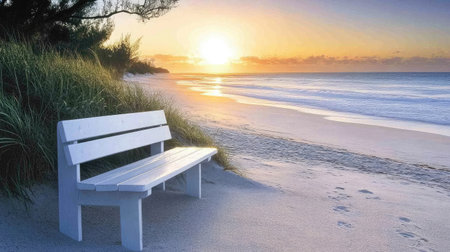 Experience the tranquility of a beach sunset featuring a lonely bench overlooking soft waves and lush grass, perfect for relaxation and reflection.の素材