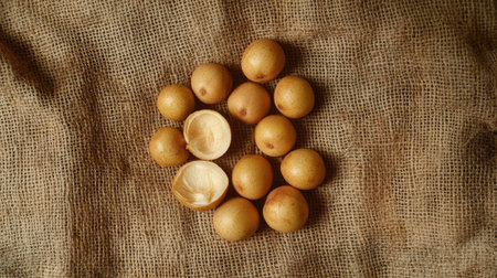 A collection of fresh fruits arranged on a rustic burlap background, showcasing their natural color and texture. Ideal for food related themes.の素材